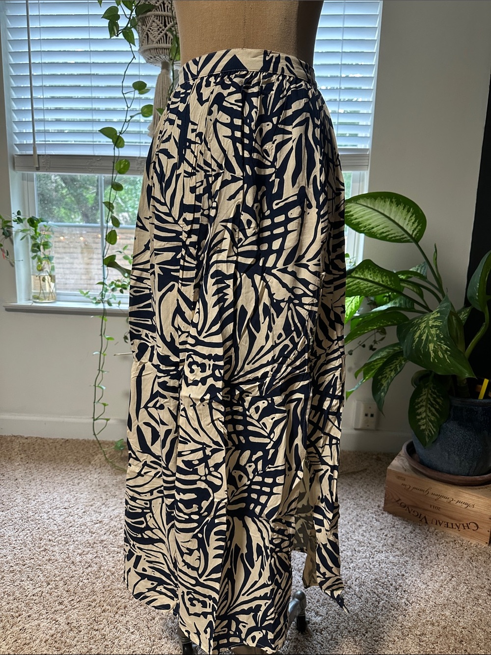 Navy Blue and Cream Printed Maxi Skirt - Classic Women's Fall Skirt